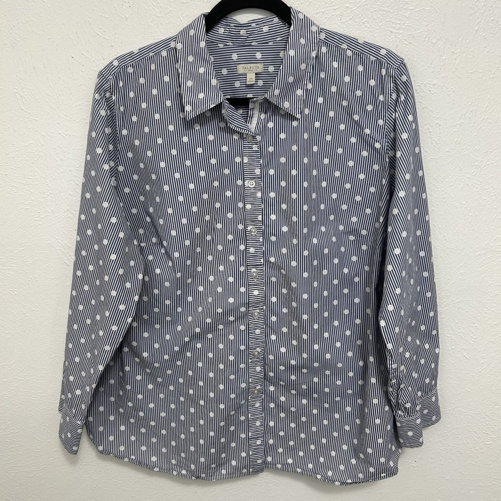 Talbots Plus Size 2X Polka Dot Striped Blue Formal Button Up Blouse Shirt Top